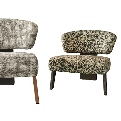 Two Patterned Accent Chairs With Distinct Floral And Abstract Designs And Wooden Legs 3d model