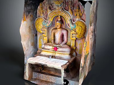 Exquisite Seated Buddha Stone Sculpture Carved in Cave with Floral Motifs and Vibrant Colors 3d model