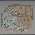Miniature Two Story Interior Scene With Bookshelves Furniture Decorations And Plants