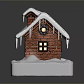 Small Red Brick House Model With Snow Covered Roof Icicles Clock And White Base