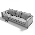 Modern Minimalist Light Gray Three-Seater Sofa With Accent Pillows Throw Blanket And Metal Legs