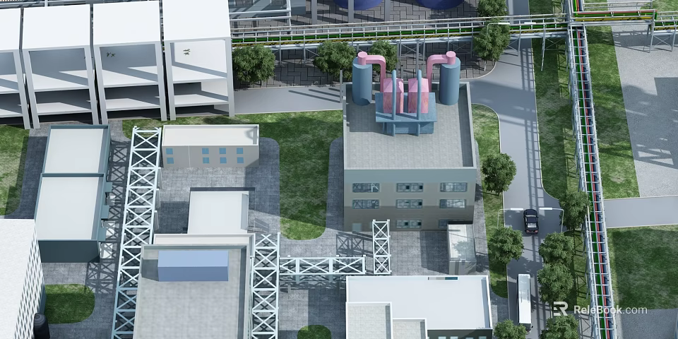 Industrial Factory Building Exterior With Multiple Floors Roof Equipment And Green Surroundings 3d model 