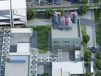 Industrial Factory Building Exterior With Multiple Floors Roof Equipment And Green Surroundings 3d model
