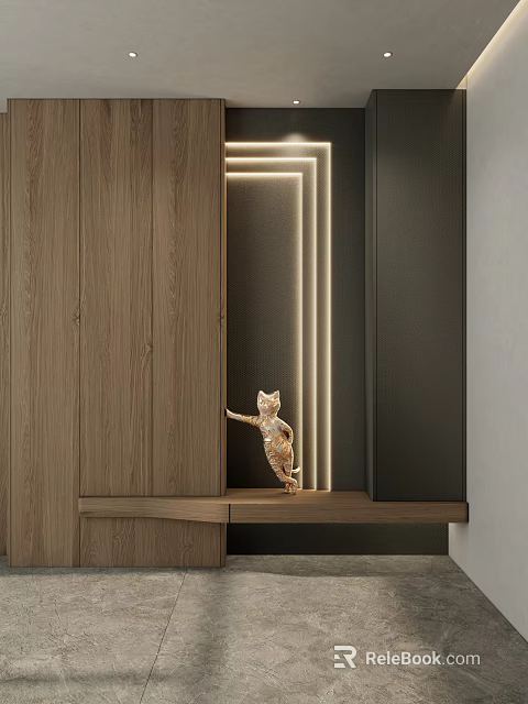 Modern Entryway Cabinet And Sideboard With Wooden Texture LED Lighting And Cat Decor 3d model 