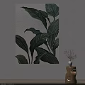 Plant Painting with Large Green Leaves on White Wall and Small Vase in Natural Decor