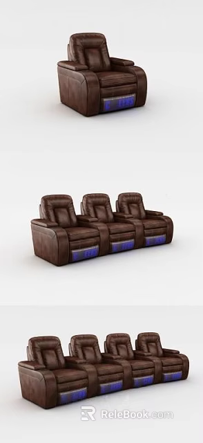 Brown Leather Three Seater Sofa Set with Blue Lighting Between Seats 3d model