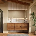 Natural Wooden Bathroom Vanity With Drawers Countertop Mirror Lighting And Green Plant