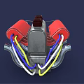 Red Silver Black 3D Modeled Mechanical Engine With Cylindrical Parts And Metal Pipes