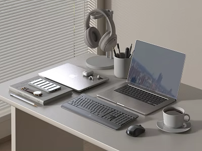 Modern Laptop Workspace Setup With Tablet Keyboard Mouse Headphones Pens And Coffee Cup 3d model