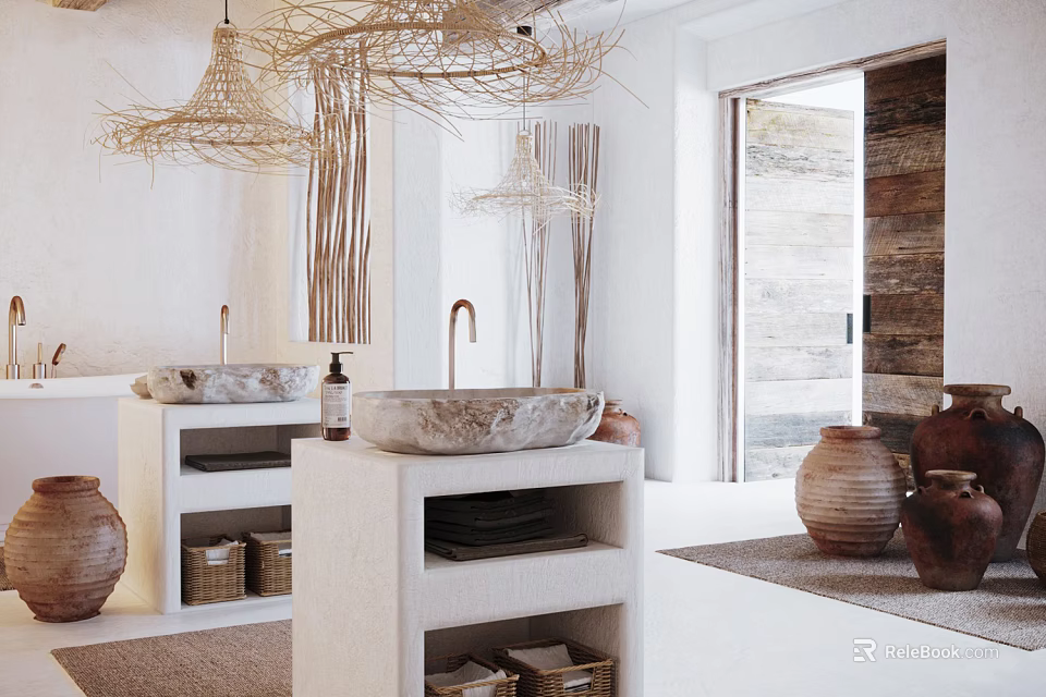 Hotel Bathroom Interior Featuring Woven Pendant Lights Marble Sinks Wooden Shelves And Terracotta Pots 3d model 