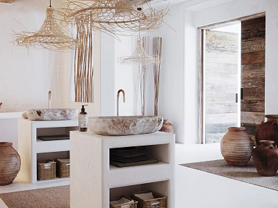 Hotel Bathroom Interior Featuring Woven Pendant Lights Marble Sinks Wooden Shelves And Terracotta Pots 3d model