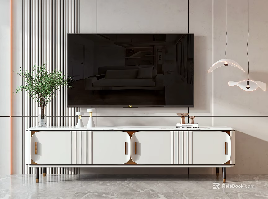 Modern Minimalist TV Stand With White Cabinet Gold Accents Green Plant And Hanging Lamps 3d model 