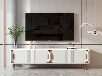Modern Minimalist TV Stand With White Cabinet Gold Accents Green Plant And Hanging Lamps 3d model