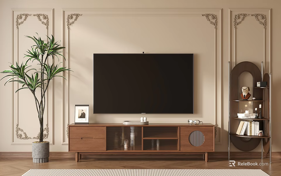 Modern Wooden TV Stand In Living Room With Wall Mounted TV Decorative Plant And Bookshelf 3d model 
