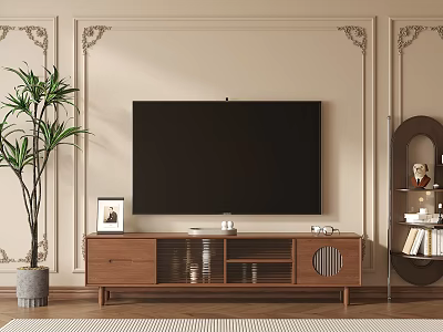 Modern Wooden TV Stand In Living Room With Wall Mounted TV Decorative Plant And Bookshelf 3d model