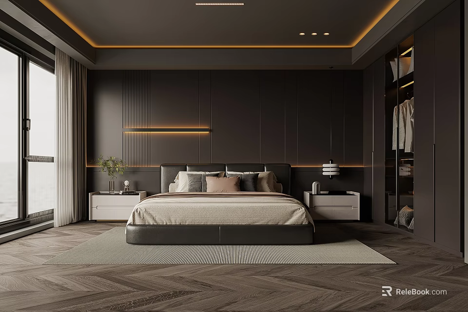 Modern Dark Bedroom Interior With Herringbone Flooring Bed Nightstands And LED Strip Lights 3d model 