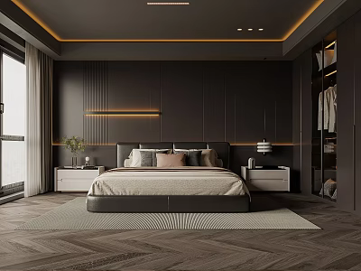 Modern Dark Bedroom Interior With Herringbone Flooring Bed Nightstands And LED Strip Lights 3d model