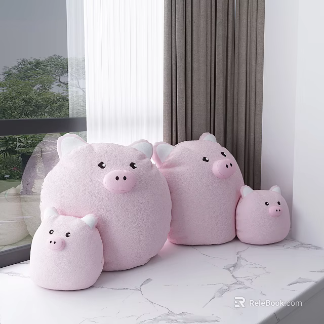 Pink Plush Pig Dolls in Various Sizes by Window in Cozy Room 3d model 
