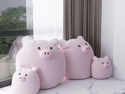 Pink Plush Pig Dolls in Various Sizes by Window in Cozy Room 3d model