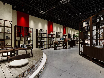 Chinese Style Cultural Exhibition Hall With Wooden Shelves Red Walls And Black Grid Ceiling 3d model