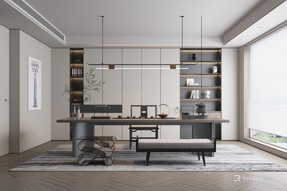 Modern Teahouse Interior Design With Long Table And Tea Sets 3d model 