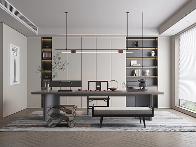 Modern Teahouse Interior Design With Long Table And Tea Sets 3d model