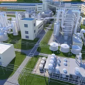 Industrial Plant With Blue Roof Buildings Large Equipment Pipes And Cooling Towers On Green Lawn