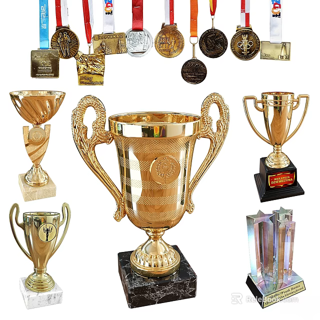 Golden Sports Trophies And Awards With Pedestal Base And Diverse Designs 3d model 