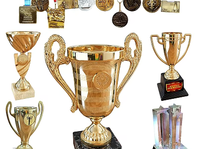 Golden Sports Trophies And Awards With Pedestal Base And Diverse Designs 3d model
