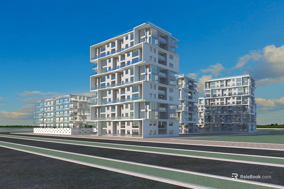 Modern White Multi Storey Residential Building With Large Windows And Balconies Under Blue Sky 3d model 