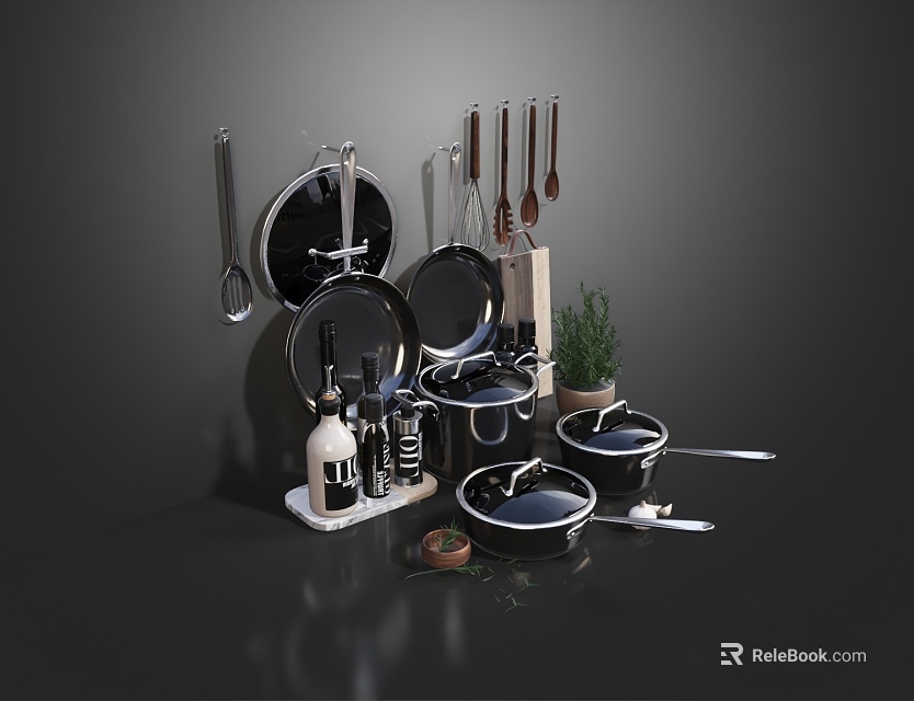 Complete Cookware Set with Frying Pans Stock Pots Utensils Spice Bottles and Herb Planter 3d model 
