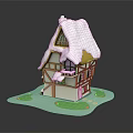 Cartoon Fairy Tale House With Snow Covered Roof Timber Frame Balcony And Green Grassy Base