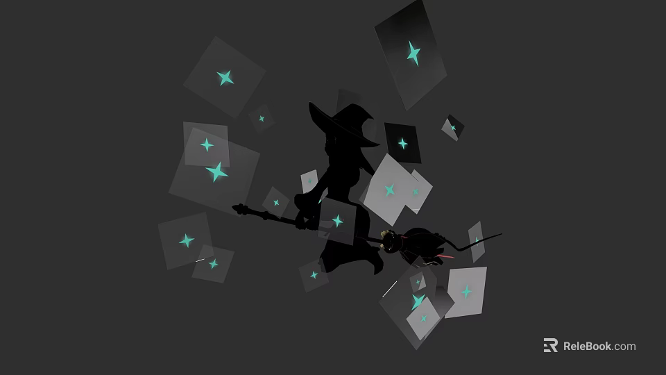 Mystical Game Character Silhouette Wearing Hat Holding Staff With Green Star Square Cards Gray Background 3d model 