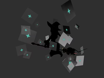 Mystical Game Character Silhouette Wearing Hat Holding Staff With Green Star Square Cards Gray Background 3d model