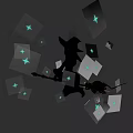 Mystical Game Character Silhouette Wearing Hat Holding Staff With Green Star Square Cards Gray Background