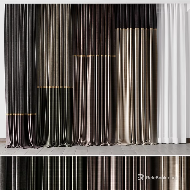 Elegant Layered Curtains in Brown Beige White with Gold Accents and Modern Style 3d model 