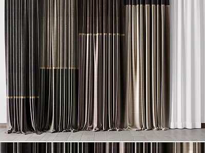 Elegant Layered Curtains in Brown Beige White with Gold Accents and Modern Style 3d model