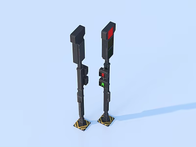 Black Traffic Lights Standing With Red Light And Yellow Bases On Blue Background 3d model