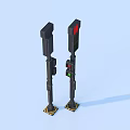 Black Traffic Lights Standing With Red Light And Yellow Bases On Blue Background