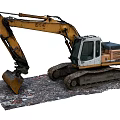 Yellow Liebherr Crawler Excavator With Front Bucket Working In Construction Debris Site