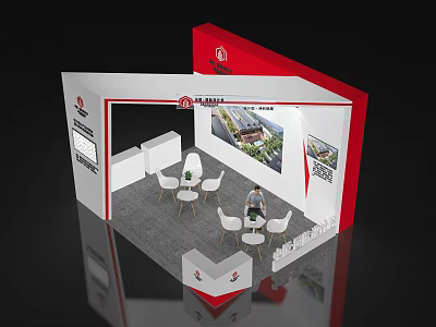 Modern Red And White Exhibition Booth With Company Logo Tables And Display Screens 3d model
