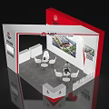 Modern Red And White Exhibition Booth With Company Logo Tables And Display Screens