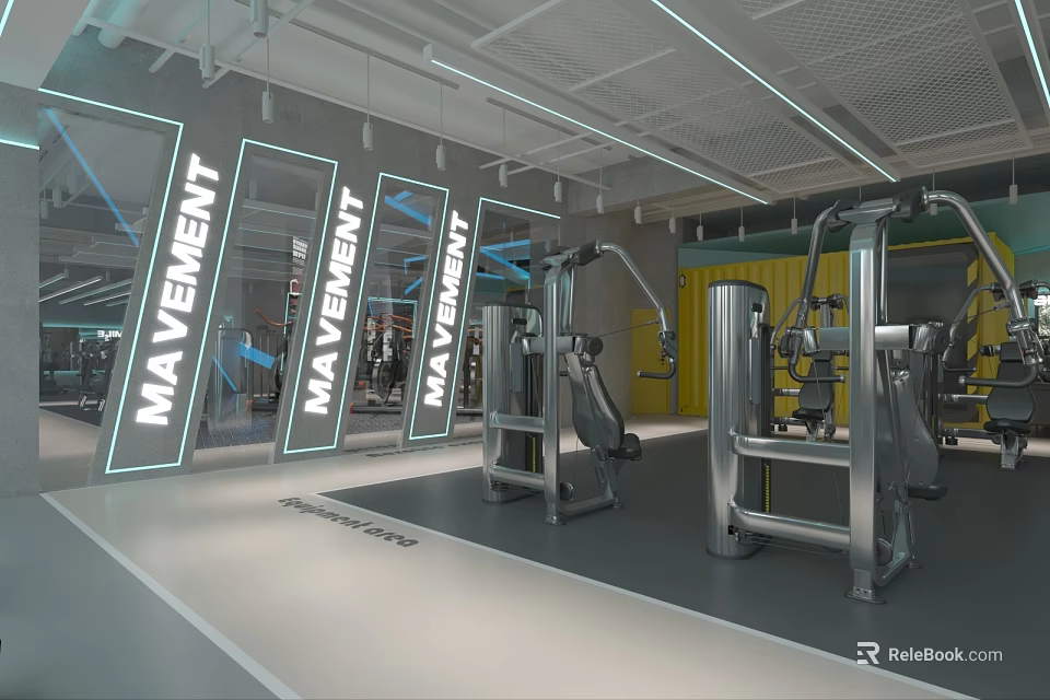 Modern Fitness Gym Interior With Glass Walls Movement Signage And Strength Equipment 3d model 
