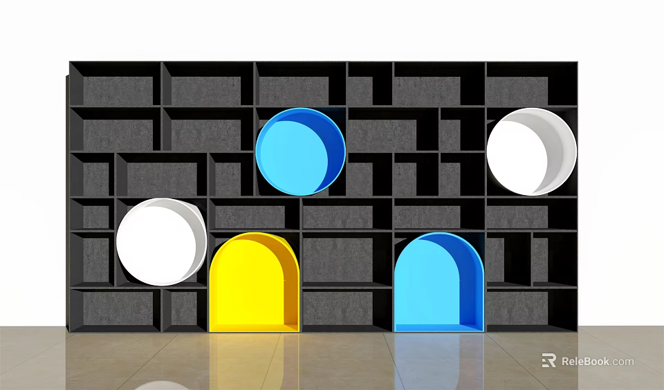 Modern Black Storage Shelf with Colorful Circular and Arch Shaped Decorative Elements 3d model
