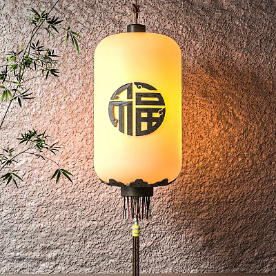 Traditional Chinese Lantern With Fortune Character And Bamboo Leaves On Wall 3d model