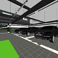 Modern Indoor Parking Lot with Parked Cars Overhead Billboards and Grid Floor