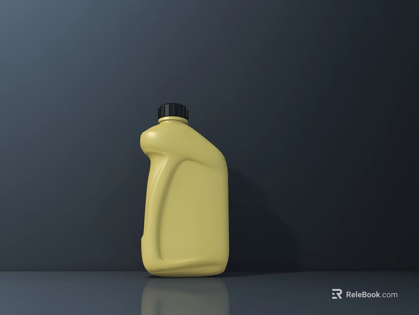 Industrial Equipment Yellow Plastic Oil Container With Black Cap On Dark Reflective Surface 3d model 