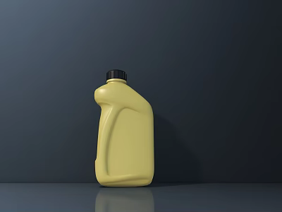 Industrial Equipment Yellow Plastic Oil Container With Black Cap On Dark Reflective Surface 3d model