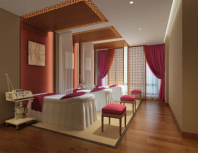 Luxurious Beauty Salon Treatment Room With White Beds Red Curtains Wooden Flooring And Beauty Equipment 3d model