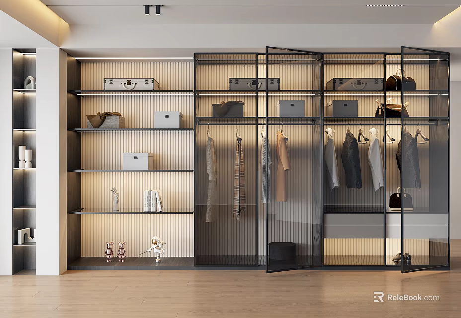 Modern Wardrobe With Glass Doors And Open Design For Clothes Storage And Accessories On Shelves 3d model 